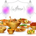 Ramadan Kareem Greetings for Ramadan background with Iftar Food and Drink