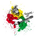 Vector illustration of rastaman playing guitar. Cute rastafarian guy with dreadlocks. Hand-drawn. Colour splashes. Royalty Free Stock Photo