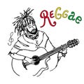 Vector illustration of rastaman playing guitar. Cute rastafarian guy with dreadlocks. Hand-drawn. Isolated on a white background.