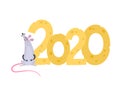Vector illustration with rat and cheese year 2020 isolated on white Royalty Free Stock Photo