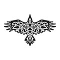 Vector illustration of a Raven with open wings. Black tribal animals tatto, wisdom symbol. Traditional ancient Viking