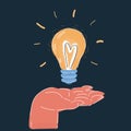 Vector illustration of reach idea with bulb light in hands human hand on dark Royalty Free Stock Photo