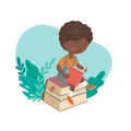 Vector illustration of a reading African boy sitting on a stack of books with plants. Education Royalty Free Stock Photo