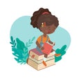 Vector illustration of a reading African girl sitting on a stack of books with plants Royalty Free Stock Photo