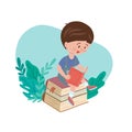 Vector illustration of a reading boy sitting on a stack of books with plants on background. Schooling for everyone. Royalty Free Stock Photo