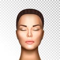 Vector illustration of realistic beautiful nice woman face witn closed eyes, light skin on on transparent background