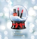 Vector illustration realistic christmas snow globe beautiful with makeup items, red lipstick and nail Polish, with snow, on