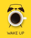 Vector illustration with realistic cup of coffee and hand drawn alarm clock on yellow background. Break time, good morning, drink Royalty Free Stock Photo