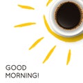 Vector illustration with realistic cup of coffee and hand drawn sun on isolated white background. Break time, good morning, drink Royalty Free Stock Photo