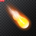 Vector illustration of realistic falling comet. Isolated transparent background. Shooting star, meteor