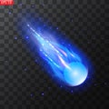 Vector illustration of realistic falling comet. Isolated transparent background. Shooting star, meteor