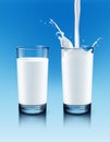 Vector illustration of realistic full transparent glass and to pour milk with splash on background Royalty Free Stock Photo