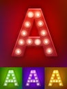 Vector illustration of realistic old lamp alphabet for light board. Vintage vegas show typography. Letter A