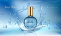 Vector illustration of a realistic style perfume in a glass bottle on a blue background with water splash Royalty Free Stock Photo