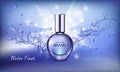 Vector illustration of a realistic style perfume in a glass bottle on a blue background with water splash Royalty Free Stock Photo