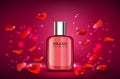 Vector illustration of a realistic style perfume in a glass bottle on a red background with roses petals. Great Royalty Free Stock Photo