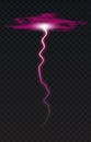 Vector illustration of a realistic style of purple glowing lightning isolated on a dark background, natural light effect Royalty Free Stock Photo