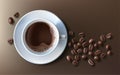 Vector illustration of a realistic style of white coffee cup with a saucer and coffee beans, top view, isolated on brown Royalty Free Stock Photo