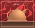 Realistic vintage Chinese teapot in a teahouse. Modern template design with text and scene on background