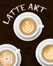 Vector illustration with realistic white cups with coffee. Collection of Latte art top view