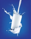 Vector illustration of realistic white splasing milk pouring into glass on background Royalty Free Stock Photo