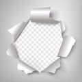 Realistic white torn paper with rolled upsides and round-shaped hole isolated on transparent background. Royalty Free Stock Photo