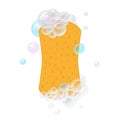 Realistic yellow washing sponge with foam bubbles.