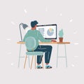 Vector illustration of Rear view of a casual young business man using computer on white background. Man working in Royalty Free Stock Photo