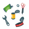 Vector illustration of recycling metal garbage. Set of tin can, wrench, scissors, nut. Sorted trash. Garbage separate.