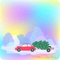 Vector illustration of a red car carrying a Christmas tree.Landscape with winter forest and Northern lights Royalty Free Stock Photo