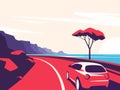 Vector illustration of a red car moving along the ocean mountain road Royalty Free Stock Photo