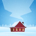 Red cartoon house on snowy winter background with space for text on smoke from the chimney Royalty Free Stock Photo