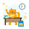 Vector illustration of red cat at the school Desk with workbooks, school bag and autumn leaves. Kids illustration. School, college Royalty Free Stock Photo