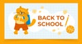 Vector illustration of red cat with schoolbag, ball and pencil and autumn leaves. Back to school concept. Kids illustration. Royalty Free Stock Photo
