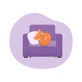 Vector illustration. Red cat sleeps on an armchair with a pillow.