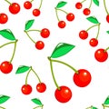 Vector illustration of red cherries pattern with leaf on white isolated background