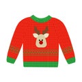 Vector illustration of a red Christmas sweater with deer. Ugly Christmas jumper or sweater with reindeer red and green pattern. Royalty Free Stock Photo
