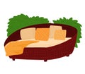 Vector illustration of a red circular sofa with green pillows and orange cheese-like cushions. Cozy modern furniture Royalty Free Stock Photo