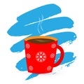 Red cup with coffee or tea. And snowflakes on a blot Royalty Free Stock Photo