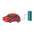 Vector illustration of a red electric car charging at the electro charger station on white background. Royalty Free Stock Photo