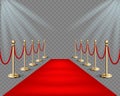 Vector illustration Red event carpet and golden barriers with lights projectors. Realistic illustration in transparent Royalty Free Stock Photo