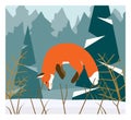 Vector illustration of red fox hunting in the snowy forest. Fox jumping to hunt for mouse. Royalty Free Stock Photo