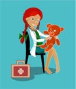 Red-haired little girl cures her teddy bear Royalty Free Stock Photo