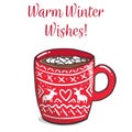 Vector illustration, red mug with cute whiter ornament Royalty Free Stock Photo