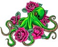 vector illustration of red Octopus with blue rose Flowers on white background. digital draw Royalty Free Stock Photo