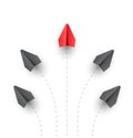 Vector illustration of a red paper plane leading a group of gray planes, symbolizing individuality and leadership in teamwork
