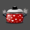 Vector illustration of a red pot, steam comes out of it in the form of hearts.