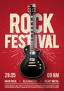 Vector illustration red rock festival concert party flyer or poster design template with guitar, place for text and cool effects Royalty Free Stock Photo