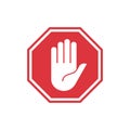 Vector illustration of a red stop sign with a hand is isolated on a white background Royalty Free Stock Photo