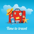 Vector illustration of red vintage suitcase with stickers and different travel elements Royalty Free Stock Photo